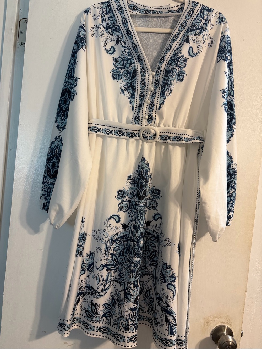 Belted White Dress with Navy Paisley Print